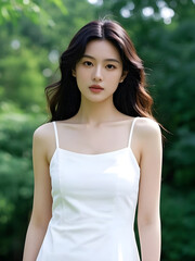 Naklejka premium Portrait of a beautiful young asian woman in white dress.