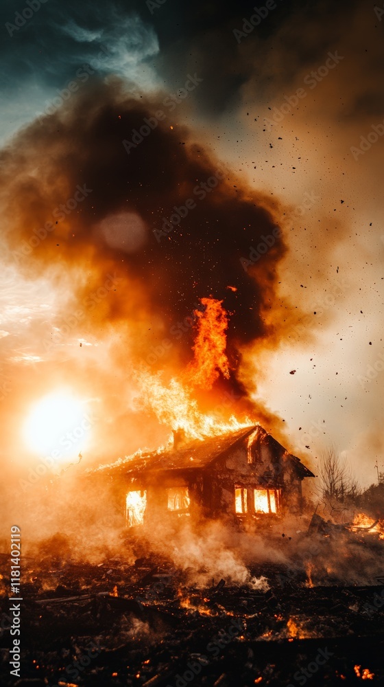 Poster large fire engulfs a house, producing thick smoke that rises towards the setting sun under a cloudy 