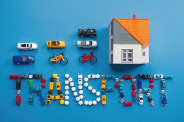 Fototapeta premium Toy cars forming the word 'TRUST' with a house and bikes on blue background
