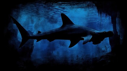 Obraz premium Silhouetted hammerhead shark swimming in dark blue ocean cave.
