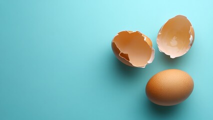 Eggs on a blue background with broken shells and a whole egg