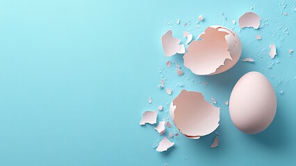 Broken eggshell and whole egg on a blue background with texture