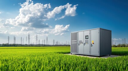 Electrical equipment shed in a vibrant green field under a bright blue sky with scattered clouds and power lines