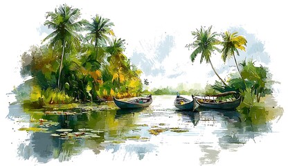Serene Backwater Scene A Vibrant Watercolor Painting of Boats Docked Amongst Lush Tropical Foliage.
