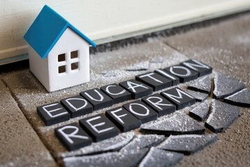 A small house sits near the word  Education Reform  written on black tiles.