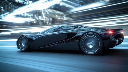 Obraz premium Night Drive: Sleek Black Sports Car Speeding Through City