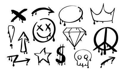 Graffiti y2k groovy tattoo hand drawn paint with splatter street drawing. Heart, smile arrow elements, ink print. Trendy splash brush illustrations.