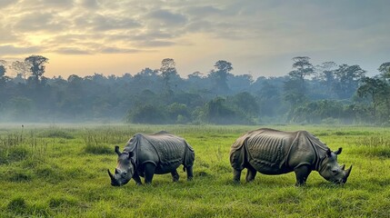 Fototapeta premium Majestic Rhinos in a Lush Sunrise Landscape