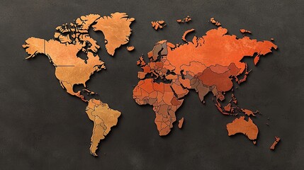 A stylized world map in earthy tones, showcasing continents with a textured design, against a dark background.