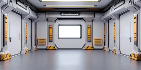 A futuristic, minimalistic room featuring smooth walls, a blank screen, and industrial elements, creating a high-tech atmosphere.