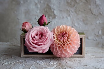 A close up of a pink rose  a pink dahlia  and a pink rose bud in a wooden frame.