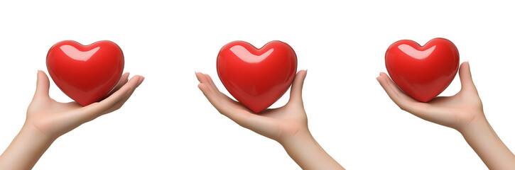 Three hands holding a red heart, isolated on a transparent background, in a PNG file with a clipping path for multiple uses