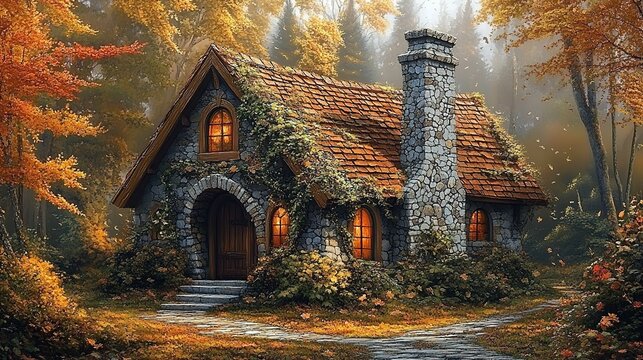 A stone cottage in the woods, with ivy on the roof and walls, surrounded by autumn colors. 