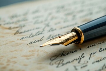 Gold nib fountain pen lying on vintage paper featuring handwritten words, evoking nostalgia and the art of traditional writing