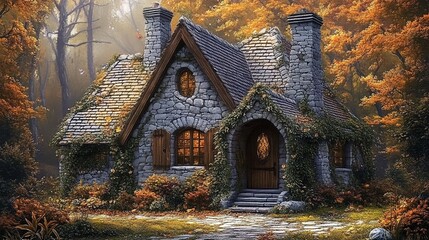 Obraz premium A stone cottage in the woods, with ivy on the roof and walls, surrounded by autumn colors. 