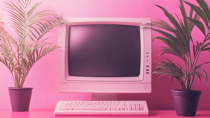 Retro computer setup with plants in a pink background