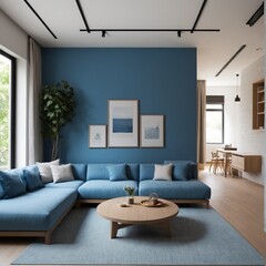 Fototapeta premium Cerulean Blue minimalist japandi home interior design of modern living room