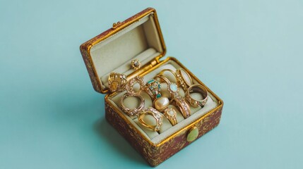A collection of vintage rings in an open box, set on a soft pastel blue background