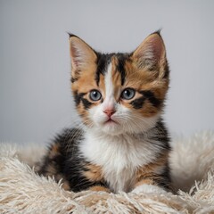 A cute calico kitten with soft fur and lively eyes, playing happily on a white background.