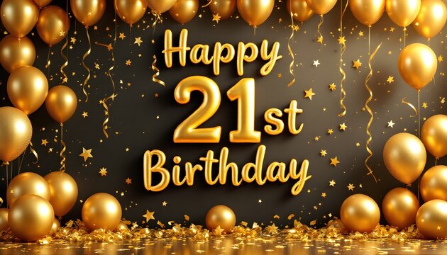 Happy 21st Birthday Celebration with Golden Balloons and Decorations for a Milestone Event - Powered by Adobe