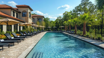 Fototapeta premium Luxury Resort Poolside Relaxation: Mediterranean-Style Villa and Tranquil Pool Escape
