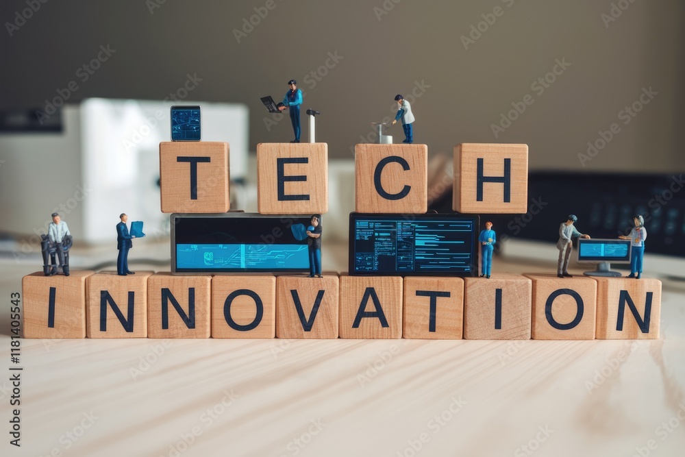 Aufkleber Miniature figures represent tech innovation with wooden blocks spelling 'TECH INNOVATION'.