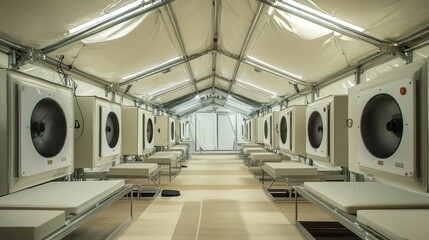 Temporary structure, beds, climate control units.