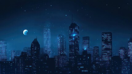 Fototapeta premium Night Cityscape Under a Crescent Moon: A Serene Nocturnal View