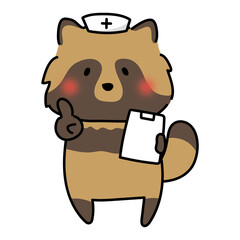 ナースキャップをかぶってアドバイスするタヌキ