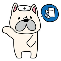 薬の説明をするナースキャップをかぶったフレンチブルドッグ