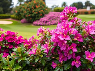 Obraz premium Vibrant bougainvillea flowers in full bloom add a pop of color to the lush greenery of a golf course, plants, nature, flowers