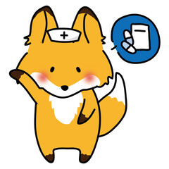 薬の説明をするナースキャップをかぶったキツネ