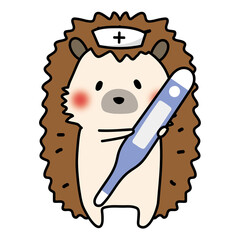 大きな体温計を持っているナースキャップをかぶったハリネズミ