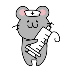 大きな注射器を持っているナースキャップをかぶったネズミ