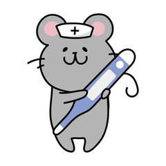大きな体温計を持っているナースキャップをかぶったネズミ