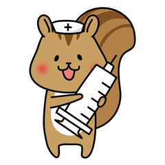 大きな注射器を持っているナースキャップをかぶったリス