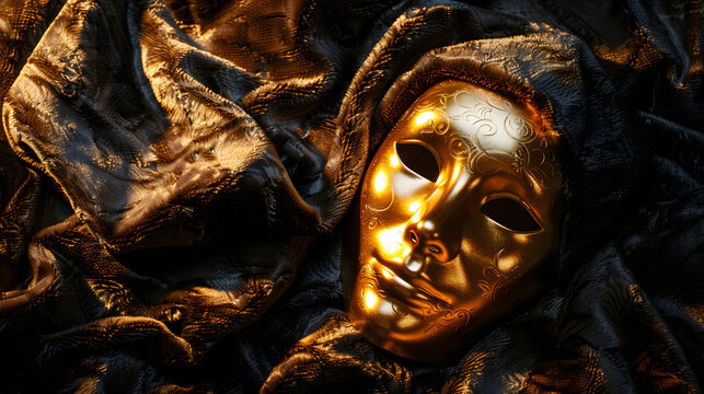 Gold mask resting on a velvet surface symbolizing