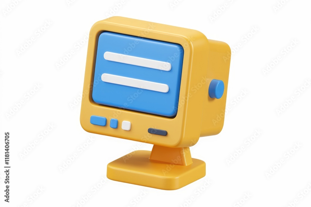 Poster 3D rendered yellow computer with blue screen and buttons