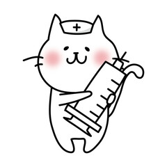 大きな注射器を持っているナースキャップをかぶった白い猫