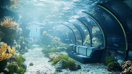 Underwater habitat, bench, coral, marine life, glass tunnel.