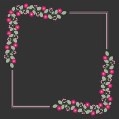Square Wreath Or Borders Frame With Love Pink Fuchsia Flowers And Green Leaves