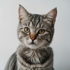 A cute silver tabby cat with soft fur and big eyes, gazing curiously at the camera on a white surface.