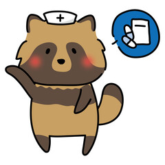 薬の説明をするナースキャップをかぶったタヌキ
