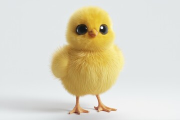 Obraz premium A fluffy yellow chick with big eyes standing on a white background