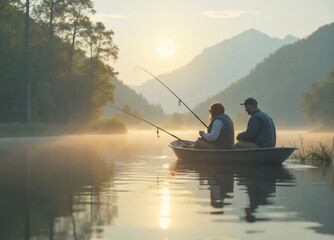 Couple fishing from boat on misty lake at sunrise