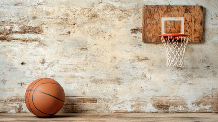 vintage basketball scene with classic hoop and ball on rustic wall