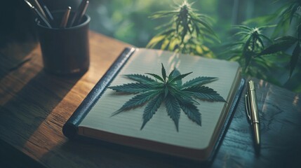 Fototapeta premium Set on a rustic wooden table, a cannabis-themed journal lays open, adorned with a vibrant leaf, while a sleek pen rests nearby