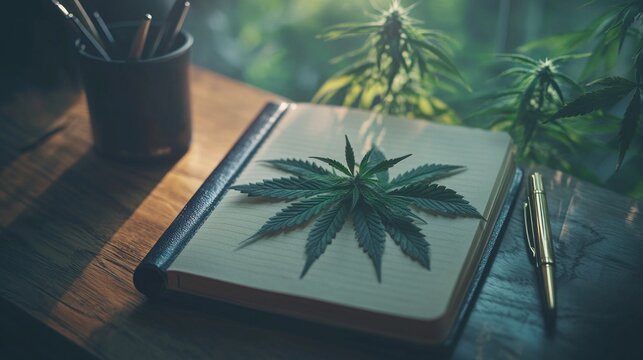 Set on a rustic wooden table, a cannabis-themed journal lays open, adorned with a vibrant leaf, while a sleek pen rests nearby