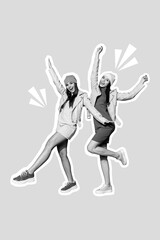 Creative abstract collage template graphics image of funny funky ladies walking together having fun isolated drawing background