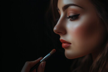 Obraz premium Woman putting blush on her face.